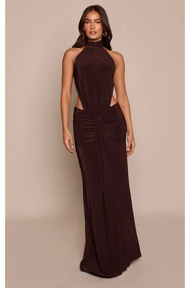 Chocolate Slinky High Neck Drape Detail Backless Maxi Dress