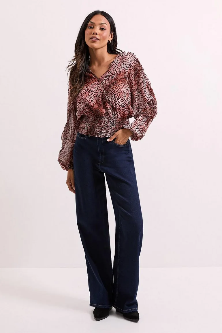 Animal Wrap Detail Shirred Hem Top