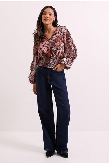 Animal Wrap Detail Shirred Hem Top