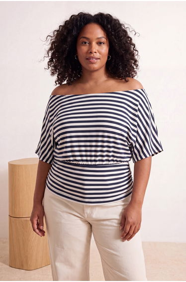 Navy Blue-White Striped Boat Neck Knitted Plus Size Blouse