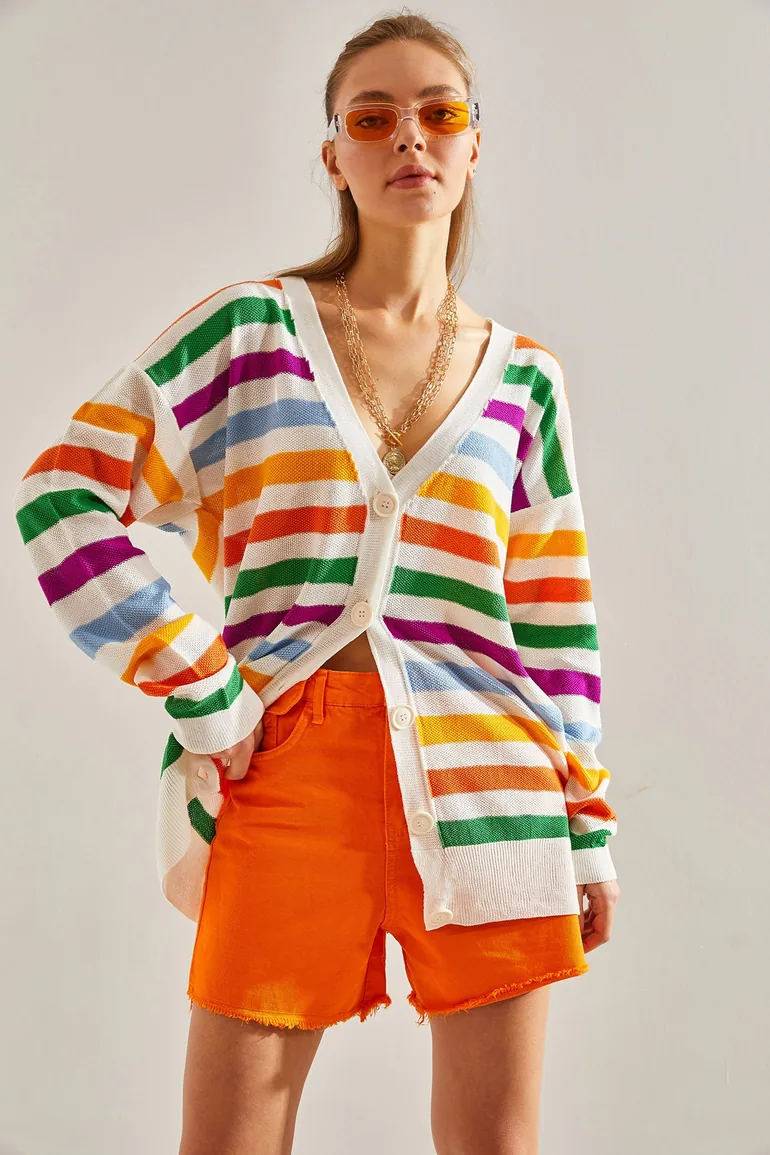 Women's Multi Color Striped Knitwear Cardigan - 2