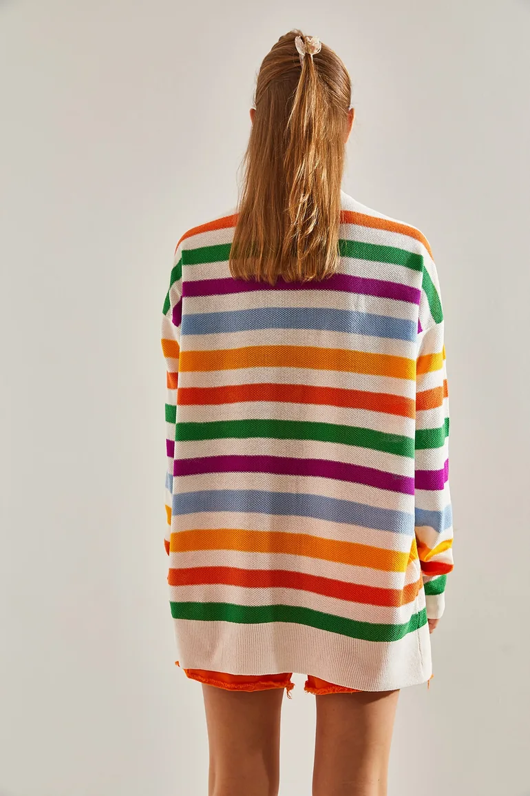 Women's Multi Color Striped Knitwear Cardigan - 3