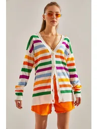 Women's Multi Color Striped Knitwear Cardigan - 4