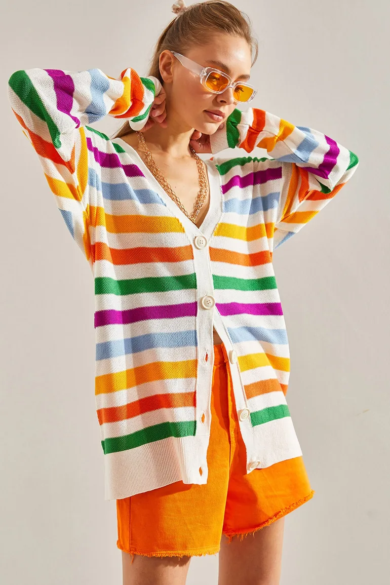 Women's Multi Color Striped Knitwear Cardigan