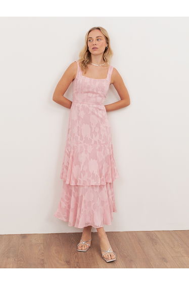 Anaya With Love Recycled Peony Pink Floral Burnout Square Neck Tiered Midaxi Dress