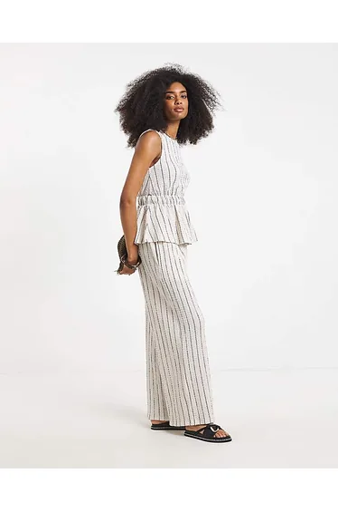 Ivory Stripe Waffle Wide Leg Trouser
