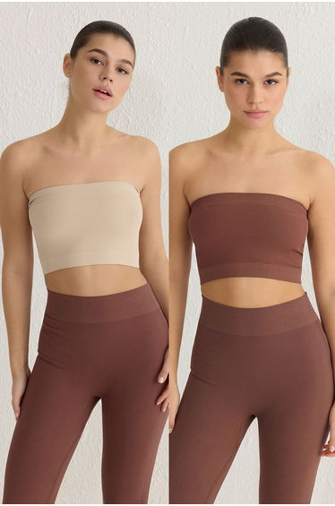 Stone-Brown 2-Pack Seamless/Seamless Ribbed Strapless Knitted Sports Bra