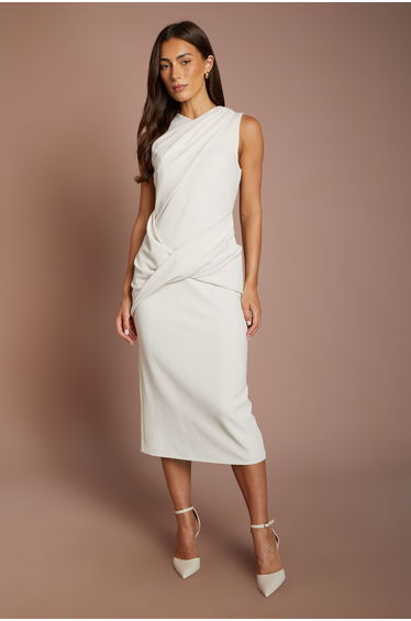 Cross Over Detail Crepe Pencil Midi Dress