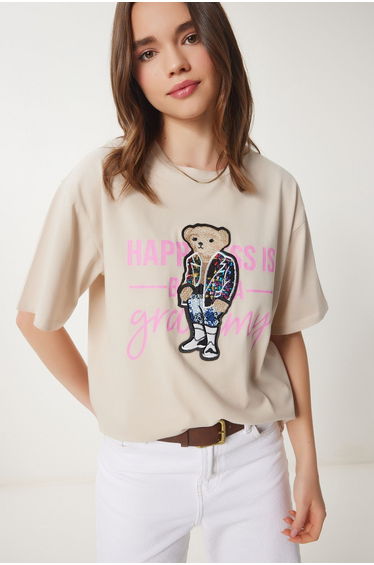 Women's Cream Teddy Bear Embroidered Cotton Oversize Knitted T-Shirt