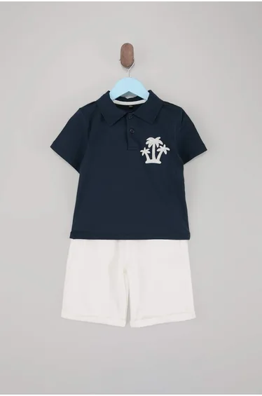 Navy Blue Boy's 100% Cotton Embroidered Polo Collar Short Sleeve Knitted Top and Bottom Set