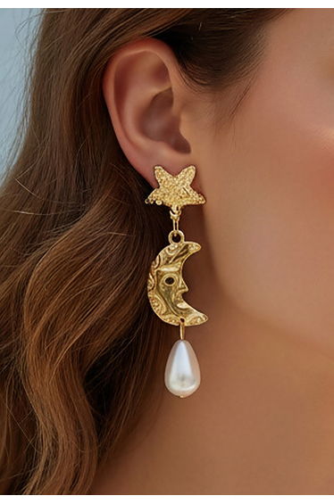 Face Crescent Moon Star Pearl Drop Earrings
