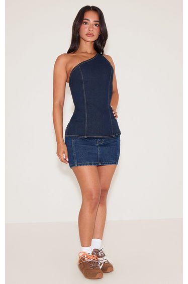 Petite Indigo Asymmetric Open Back Denim Top