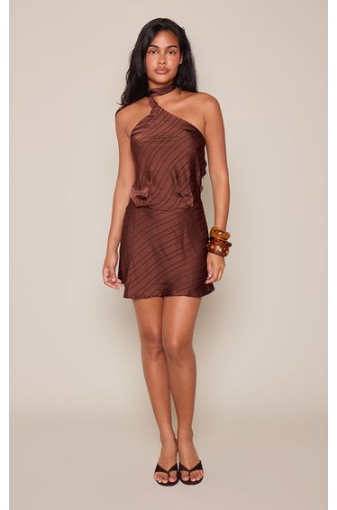 Chocolate Satin Stripe Tie Detail Mini Dress