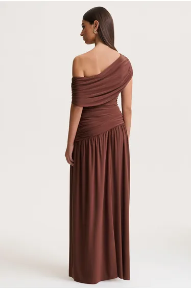 Emberly | Brown Draped Asymmetric-Neck Maxi Dress With Drop-Waist