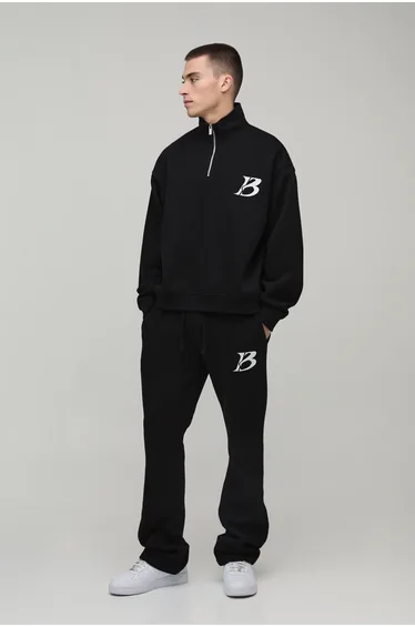 Oversized Boxy B 1/4 Zip Stacked Tracksuit - black