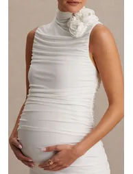 Shellie | White High-Neck Maternity Midi Dress With Corsage Detail - 5