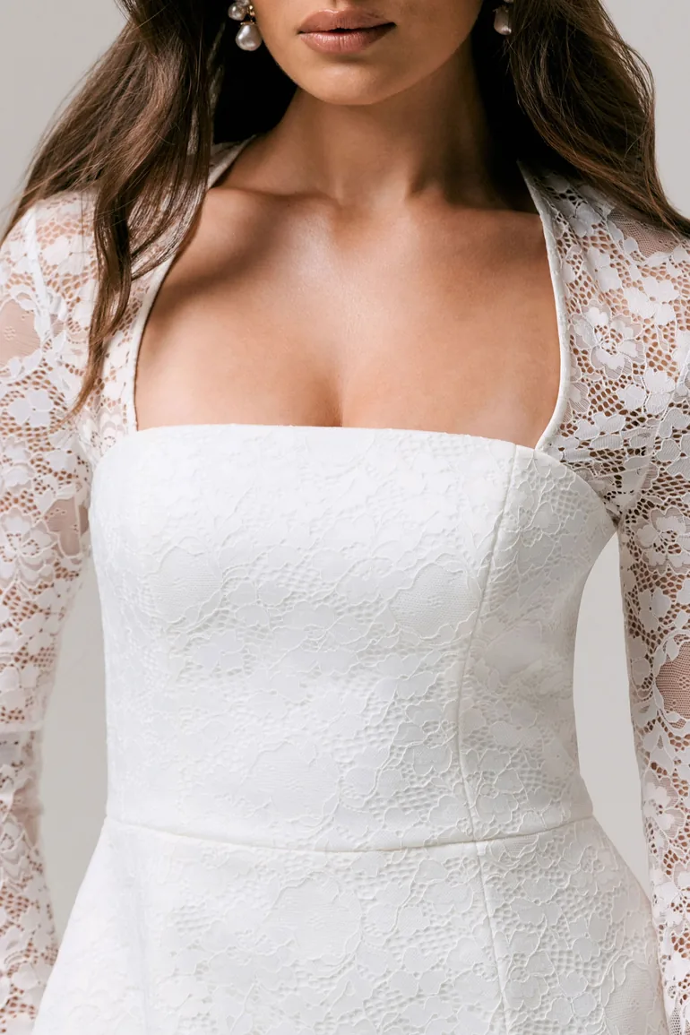 فستان قصير دانتيل بأكمام طويلة - أبيض - 2