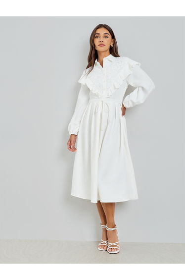White Lace Collar Shirt Midi Dress