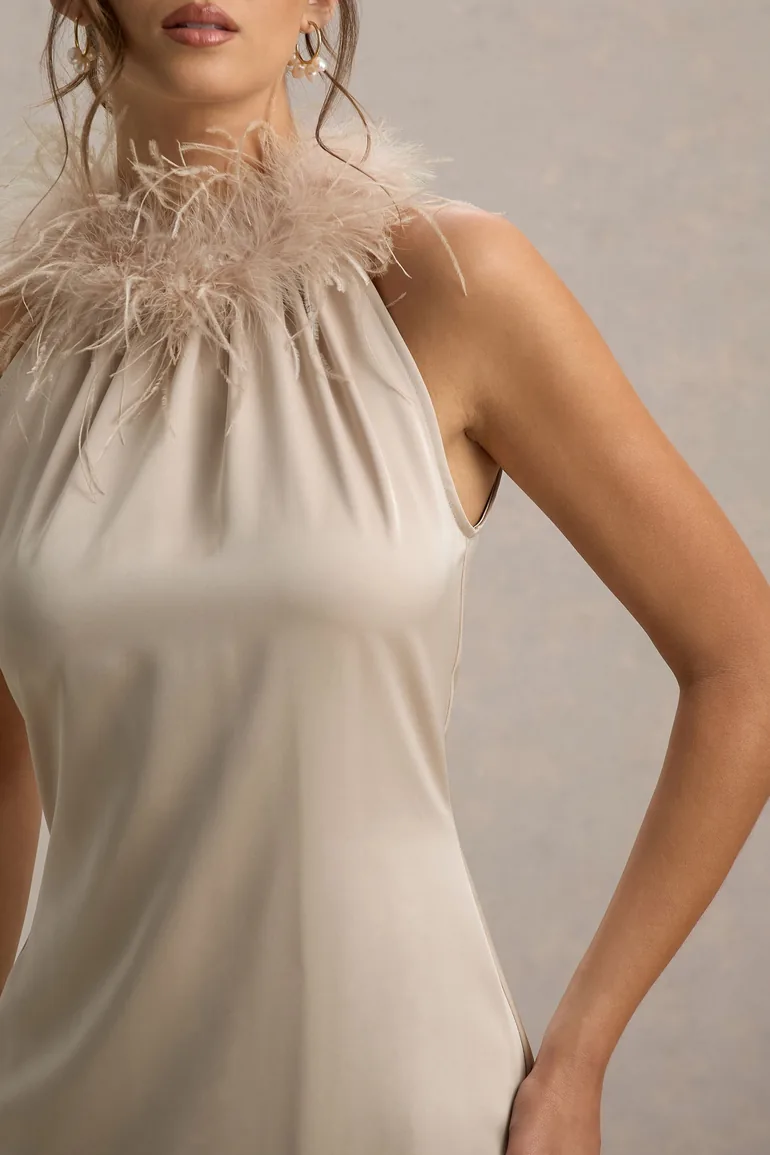 Bianca | Champagne Satin Feather-Trim Maxi Dress - 5