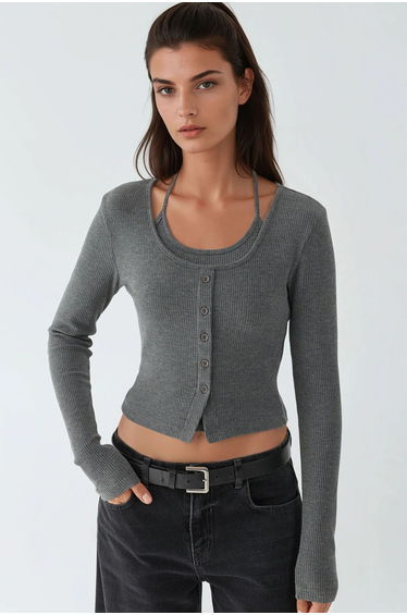 Textured Crew Neck Long Sleeve 2 Pieces Set Top