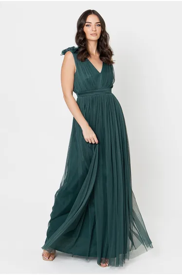 Maya Emerald Green Maxi Dress With Ruffle Shoulder Detail