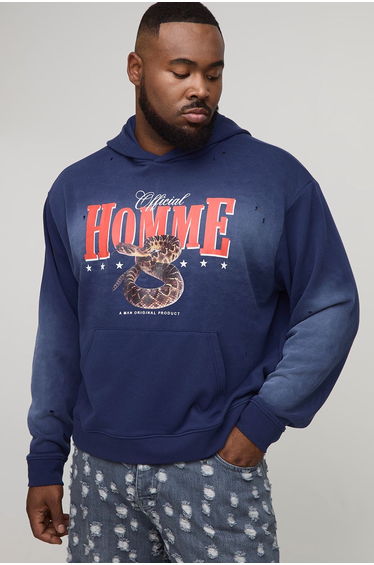 Plus Oversized Boxy Homme Western Spray Wash Distressed Hoodie - navy