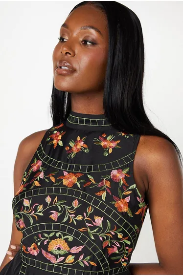 Premium Embroidered High Neck Midi Dress