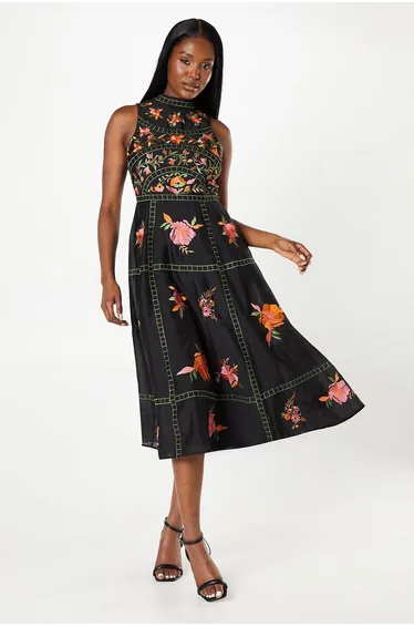 Premium Embroidered High Neck Midi Dress