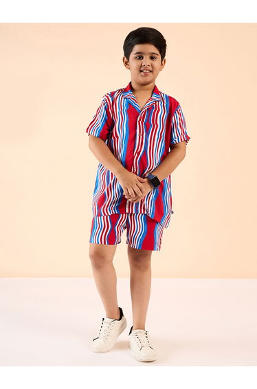 Striped Print Collar Neck Shirt and Shorts Set