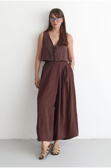 Brown Wide-Leg Modal Buttoned Skirt-Looking Pants