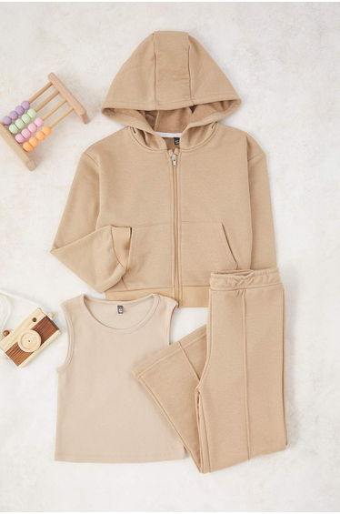 Beige Girl's Cotton Plain Hooded Regular Knitted Bottom - Top Set