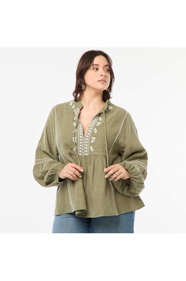 Embroidered long-sleeved blouse GREEN