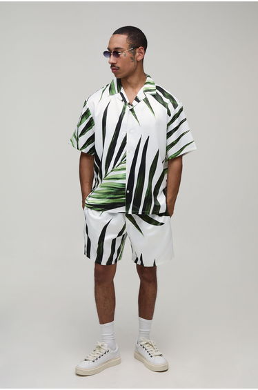 Oversized Short Sleeve Palm Print Satin Shirt & Short Set - sage