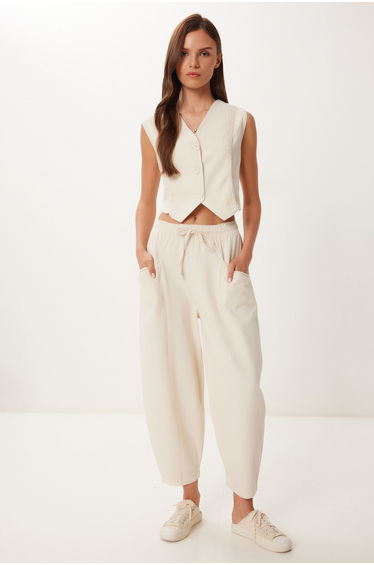 Women's Cream Linen Vest Shalwar Trousers Set