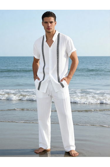 Men White Jacquard Stand Collar Short Sleeve Button Front Shirt and Pants Co-Ords