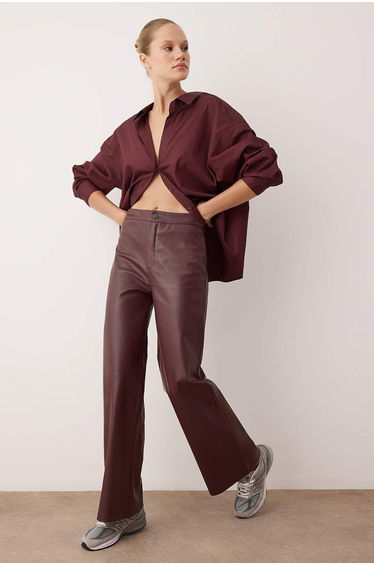 Burgundy Faux Leather Wide Leg Pocket Detailed Knitted Trousers