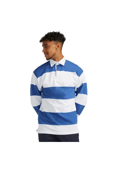 Front Row Mens Stripe Sewn Rugby Polo Shirt - White/Royal Blue