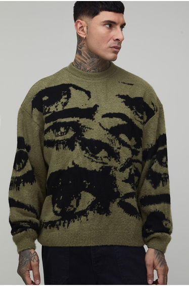 Tall Boxy Brushed Eye Graphic Knitted Jumper - khaki