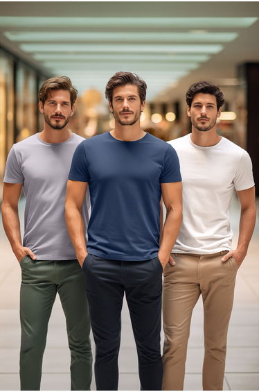 Grey-Ecru-Indigo Men's Basic Slim Fit 100% Cotton 3-Pack Crew Neck Short Sleeve T-Shirt.