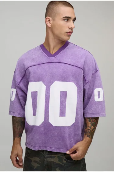 Oversized Boxy Seam Detail Washed 00 Print V-Neck Baseball Sports Top - purple