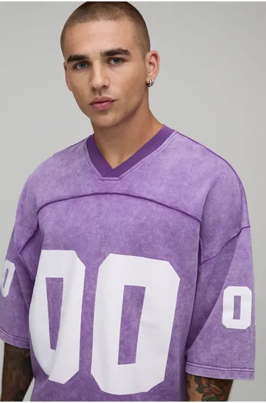 Oversized Boxy Seam Detail Washed 00 Print V-Neck Baseball Sports Top - purple