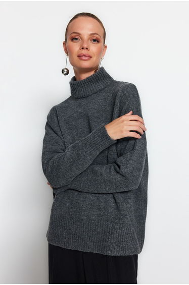 Anthracite Wide Fit, Soft Textured Stand-Up Collar Knitwear Sweater