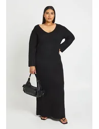 Plus V Neck Long Sleeve Knitted Maxi Dress - black - 2