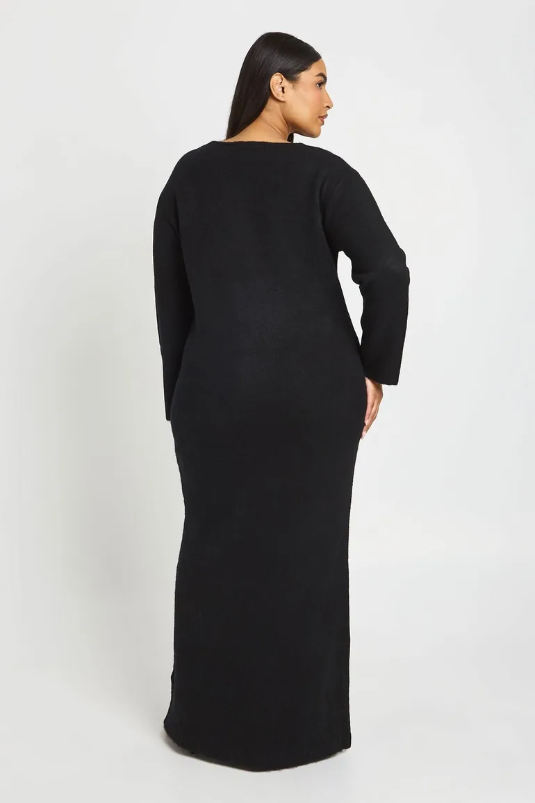 Plus V Neck Long Sleeve Knitted Maxi Dress - black - 1