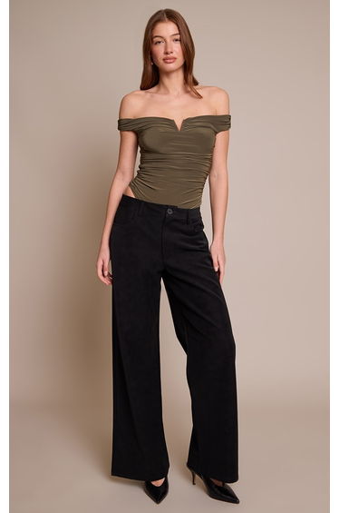 Khaki Double Layer Slinky Extreme Ruch Detail Bodysuit