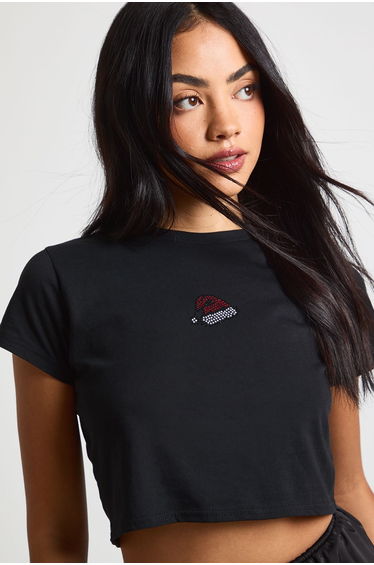 Santa Hat Hotfix Baby Tee - black
