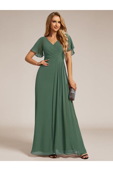 ever LINDEN|High Slit V-Neck Chiffon High Waist Bridesmaid Dress with Ruffle Sleeve