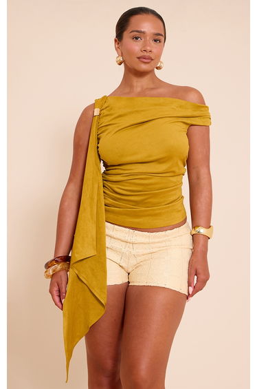 Shape Olive Faux Suede Off Shoulder Gold Trim Drape Top