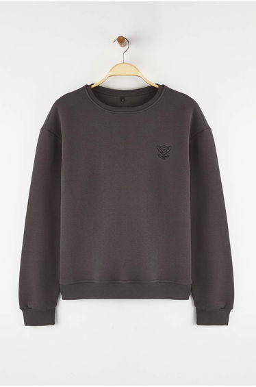 Anthracite Oversize/Wide Cut Cotton Basic Thick Embroidered Sweatshirt with Polar Fleece Inside