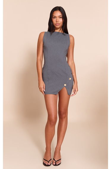 Charcoal Stretch Woven Trim Detail Bodycon Dress
